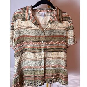 Vintage Anna and Frank Vintage 100% Silk Abstract Tribal Print Button Down Shirt